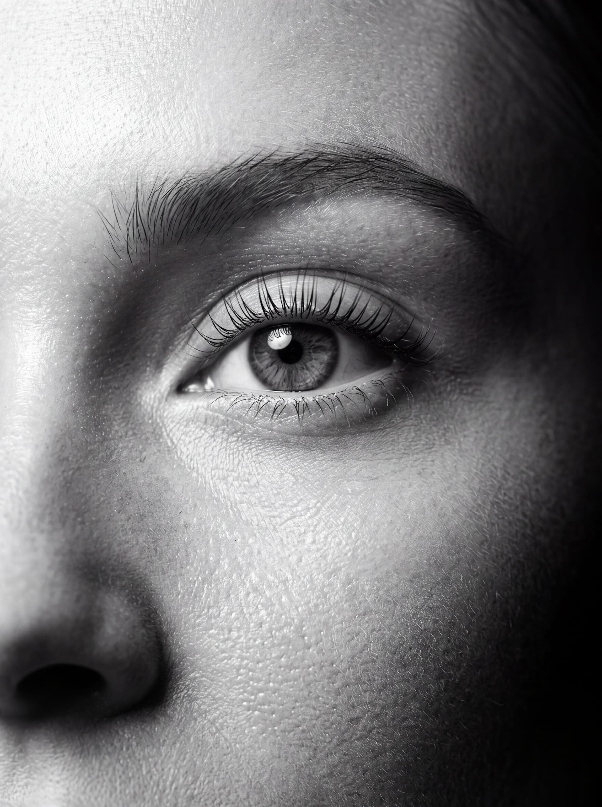 Visuel conceptuel : cils naturels recourbés par un lash lift, noir et blanc