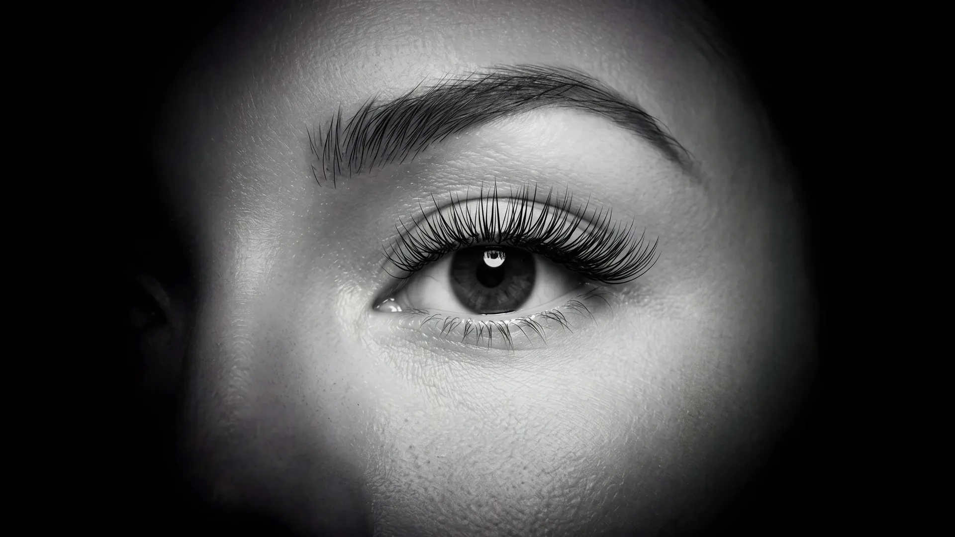 Regard sublimé par des extensions de cils, photographie noir et blanc